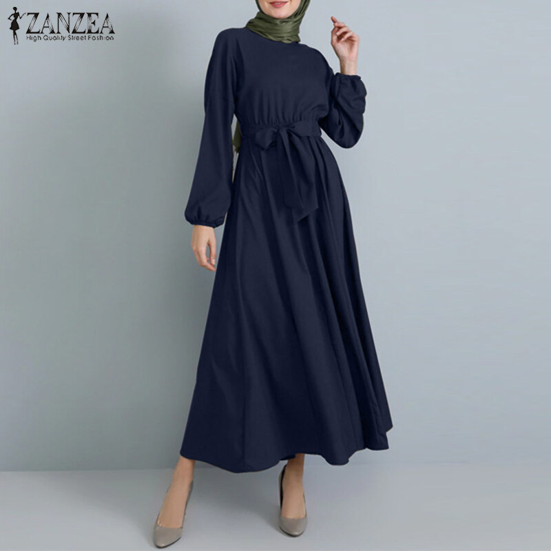 Esolo ZANZEA Womens Long Sleeve Elastic Cuffs Belt Solid A Line Abaya