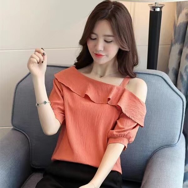 Short Sleeved Off Shoulder Chiffon Shirt Women's Summer 2023 New High Quality Off Shoulder Strap Top
