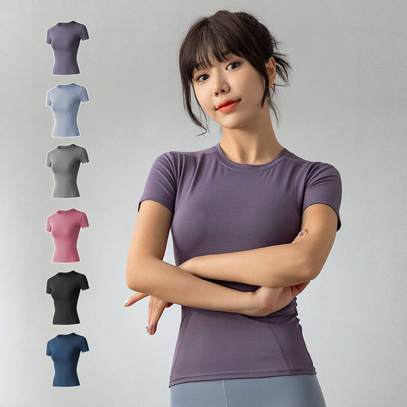 Women Seamless Workout Shirts Dry-Fit Short Sleeve T-Shirts Crew Neck Stretch Yoga Tops Athletic Shirts