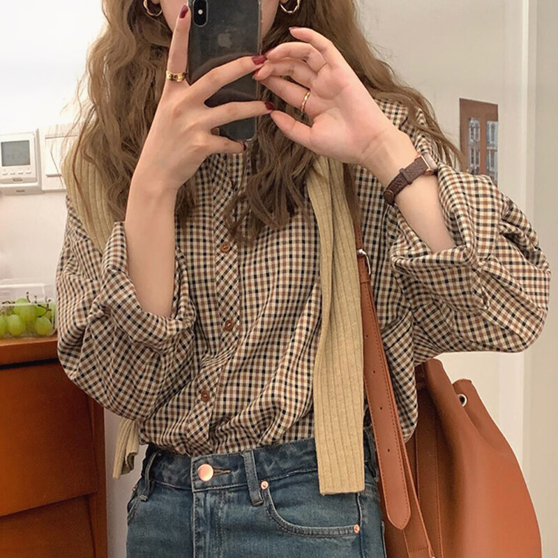 Korean Retro Style loose Plaid Shirt for Women Casual Long Sleeve Blouse Top