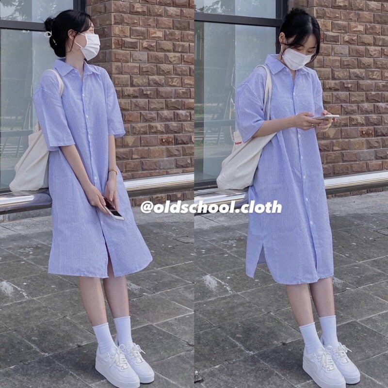 (Oldschoolcloth)ĐẦM SƠ MI KẺ XỐP ULZZANG (video)