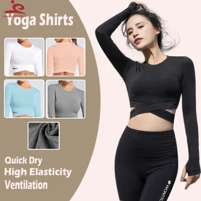 Women Sexy T-Shirts Exposed Navel Yoga Quick Dry Fitness Gym Crop Tops Solid Color Sports Long Sleeve Running Shirts