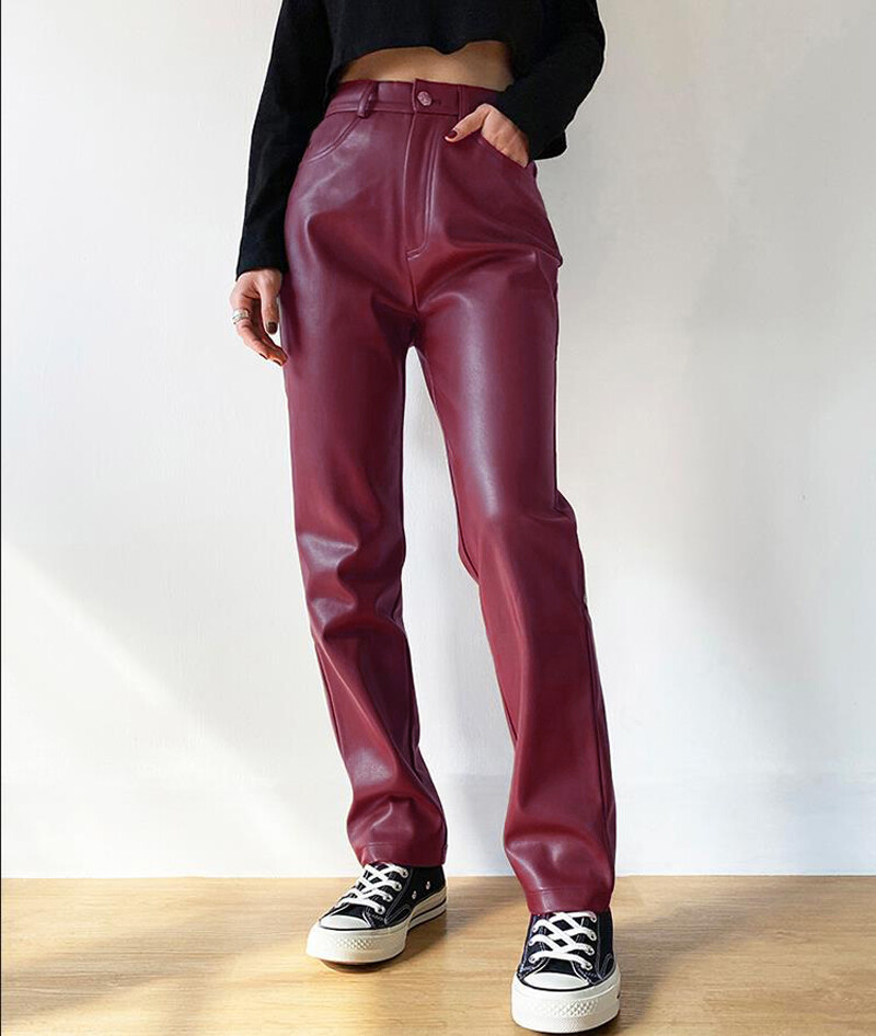 Moderntime Autumn Cargo Pants Women Casual Retro Y2K Black Faux Leather Pants High Waist Pants Pockets Straight Trousers Streetwear