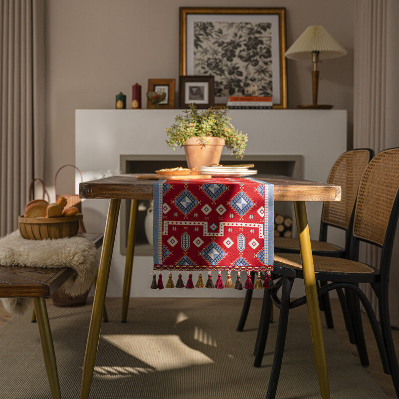 Red Holiday Festive Tassel Table Runner Modern Simple Geometric Flower Table Runner Coffee Table Cloth Sideboard Drawer 35*300cm Piano Cover Towel