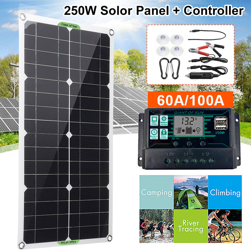 250w solar panel kit complete dual 12/5v dc usb with 60a/100a solar controller solar cells for car yacht rv battery charger
