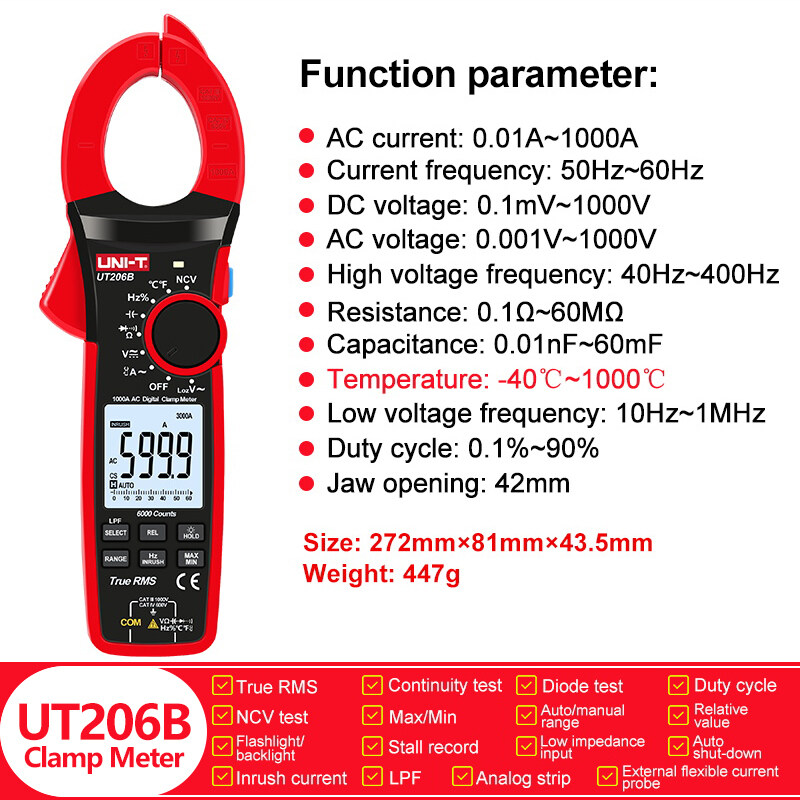 UNIT UT206B / UT207B / UT208B 1000A True RMS Digital Clamp Meter