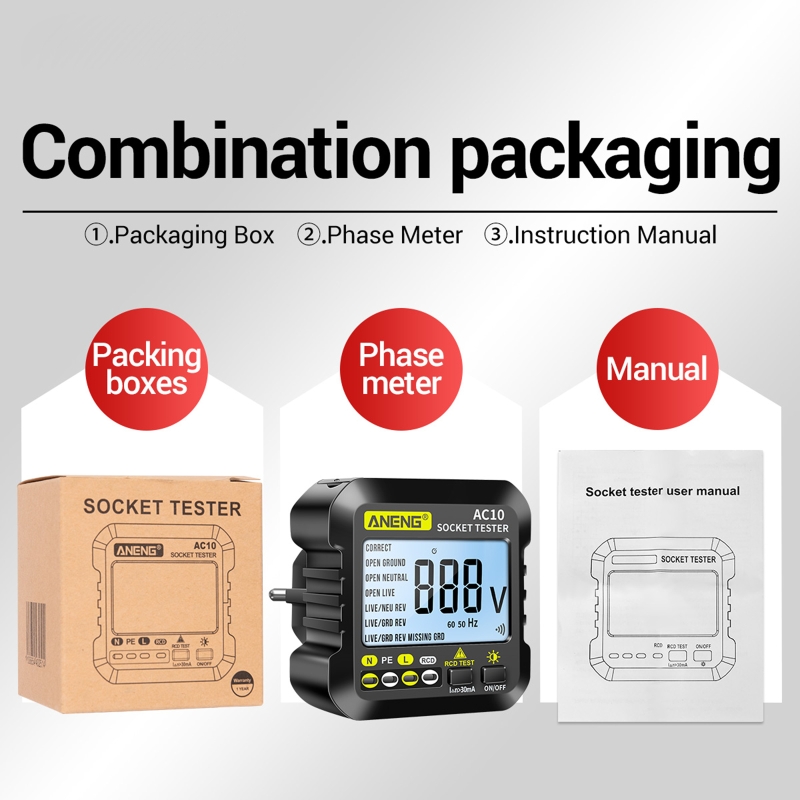 ANENG AC10 Socket Tester Plug Detector Zero Line Plug Polarity Phase Check Phase Detector US/EU Plug Multimeter Digital Tester