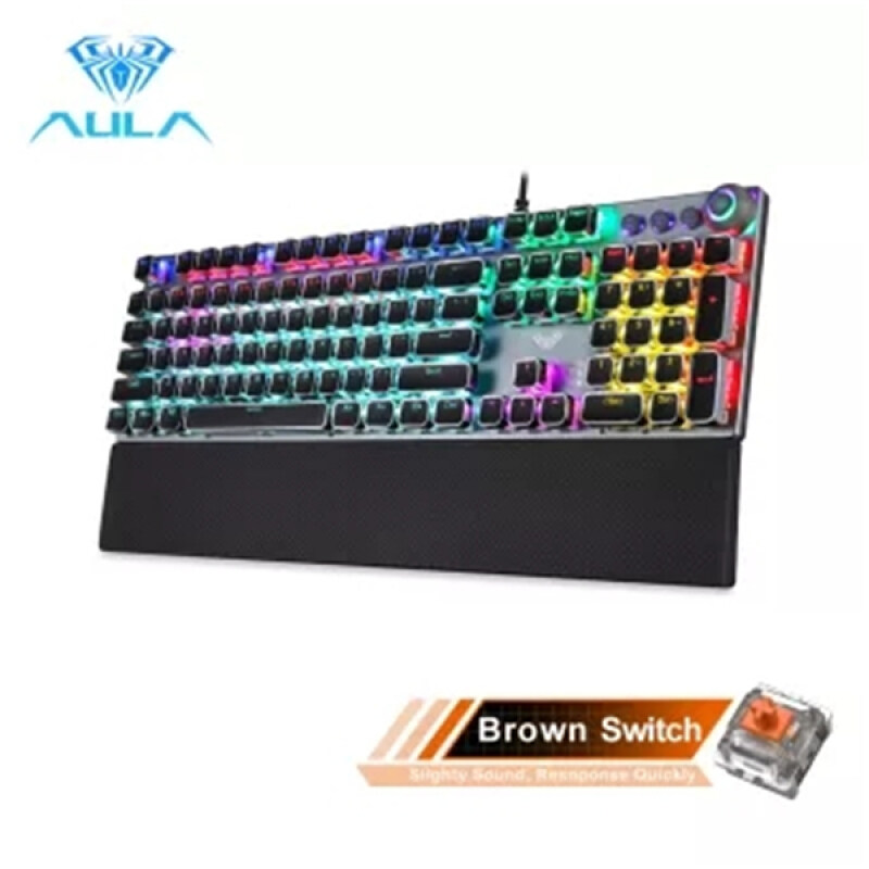 【Ready Stock】high quality Official Original AULA F2088/F2058 Mechanical Gaming Keyboard Detachable wrist rest Multimedia Knob 104 Keys Anti-ghosting Marco Programming metal panel LED Backlit keyboard for PC Gamer (Punk keycap) Singapore