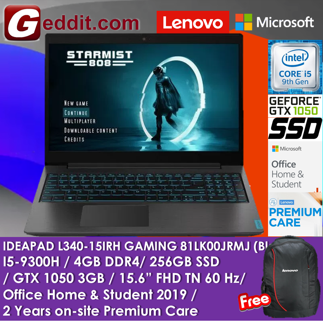 LENOVO GAMING LAPTOP L340-15IRH 81LK00JRMJ (i5-9300H,4GB,256GB SSD,15.6 FULL-HD TN,GTX1050 3GB,WIN10,PRE-INSTALLED OFFICE H&S) FREE LENOVO BACKPACK Malaysia