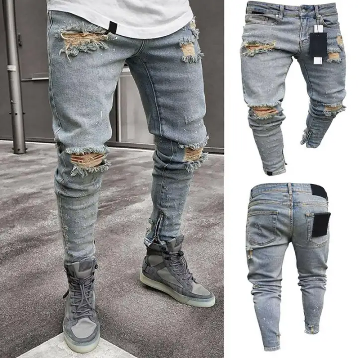 mens ripped bottom jeans