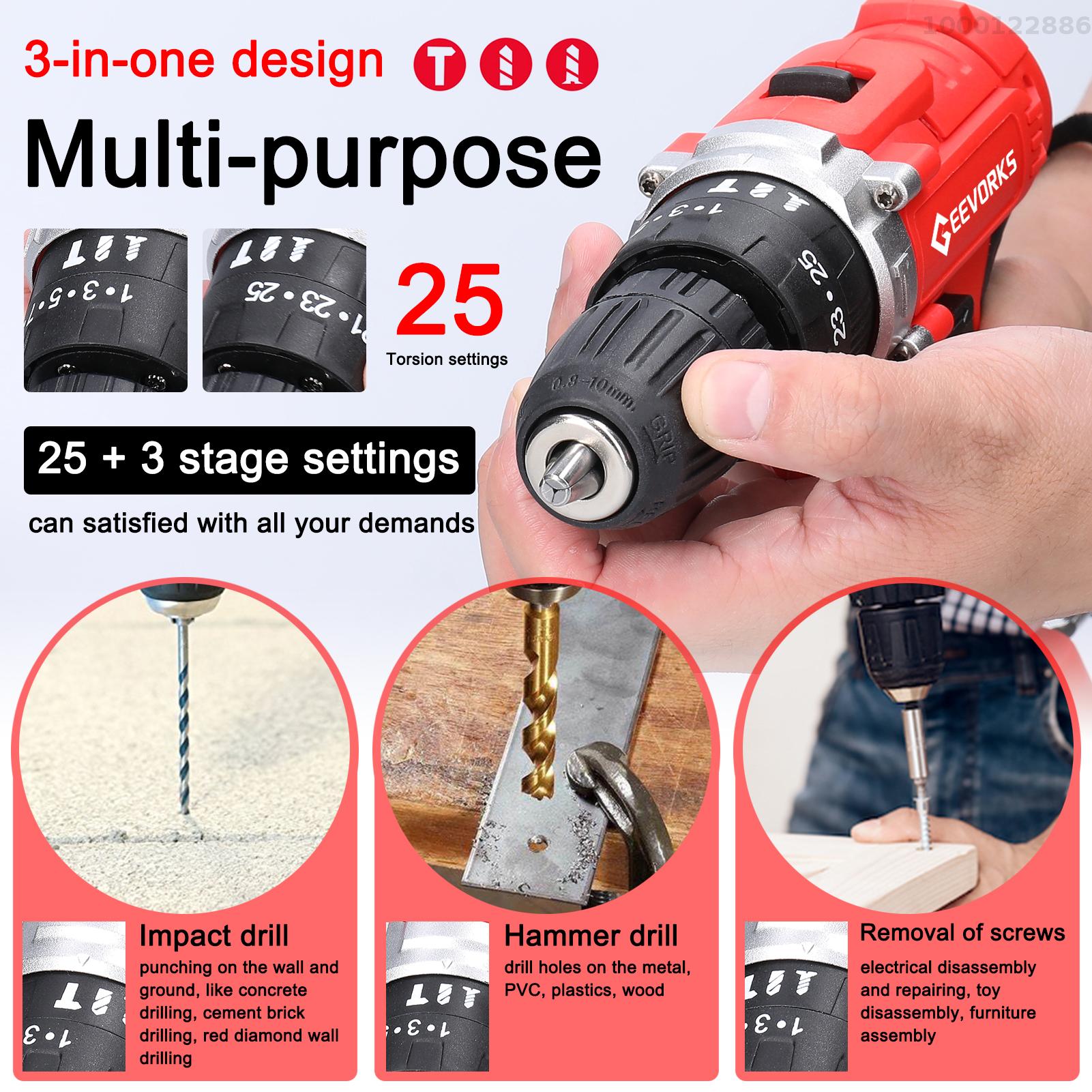 KKmoon Household Multifuctional 21V Electric Drill 3 Working Modes 2 Speed Control Stepless Speed Regulation Rotation Ways Adjustment 25 Gears of Torques Adjustable Lithium Screwdriver
