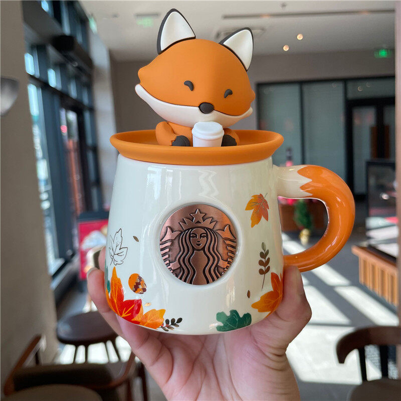 Starbuck Cup Autumn Maple Leaf Cute Fox Shape Bronze Ceramic Mug Desktop Cup Coffee Cup with Cover