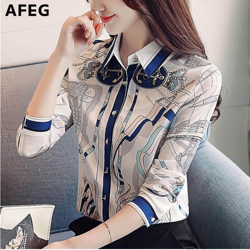 AFEG new Korean women's long-sleeved printing casual fashion wild temperament elegant OL women's shirt
