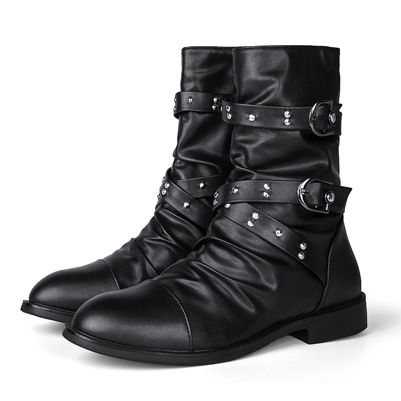 New Spring Autumn Men Pointed Toe Lace Faux Leather Boots Male Punk Leather High Heels Shoes