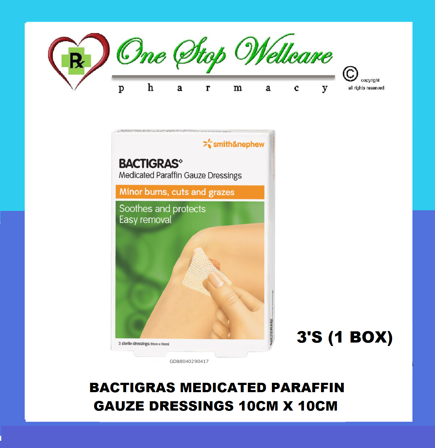 BACTIGRAS MEDICATED PARAFFIN GAUZE DRESSINGS 10CM X 10CM 3'S (1 BOX