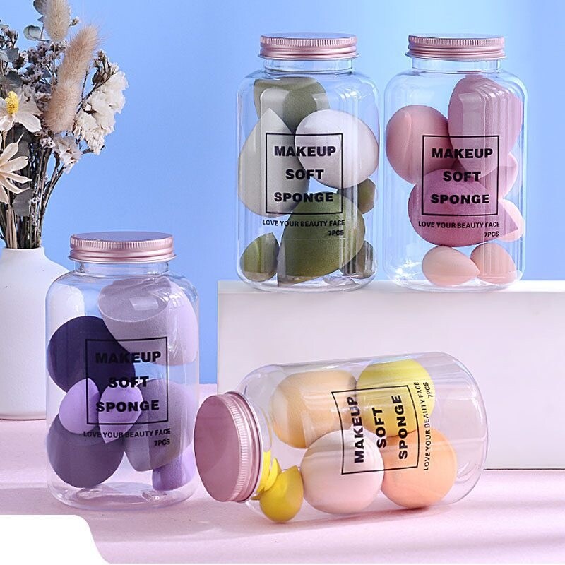 [LWF HOT]☞  7 Pcs Makeup Sponge Set/ Foundation Blending   Correcting Beauty Tools/ Beauty Eggs Set with Storage Can
