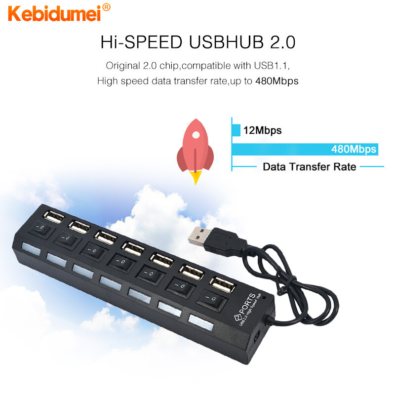 Kebidumei USB Hub 7 ports USB2.0 HUB LED Indicator Switch Adapter