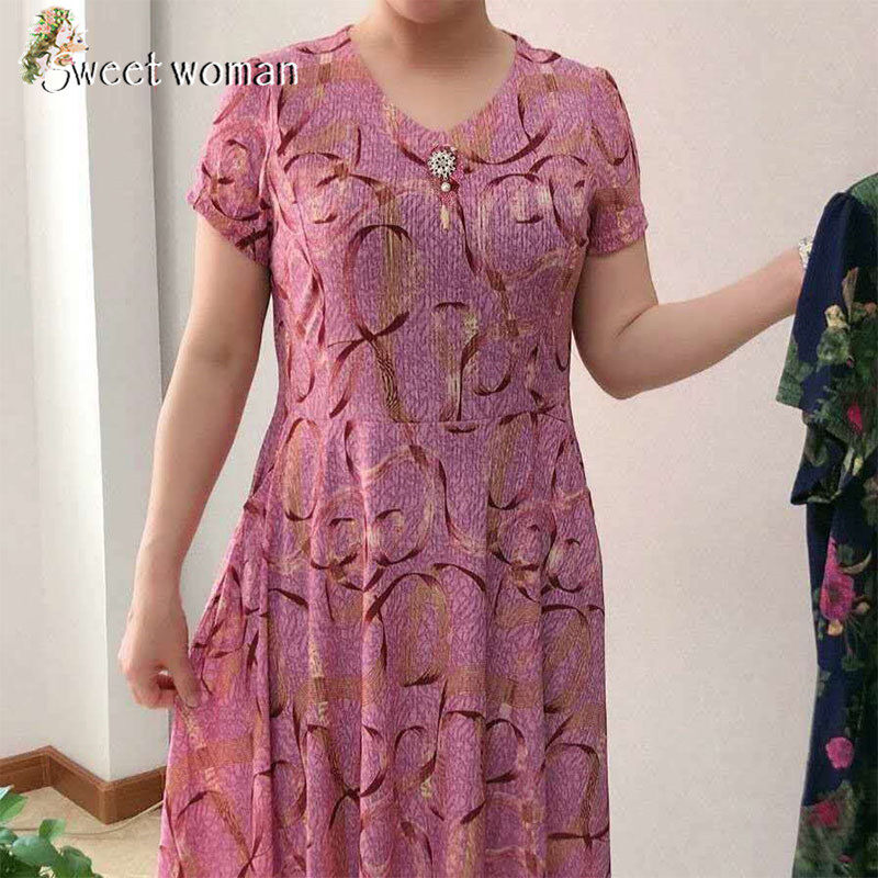 【SW】Middle-aged and elderly good fabric flower branch pattern loose dress mid-length dress