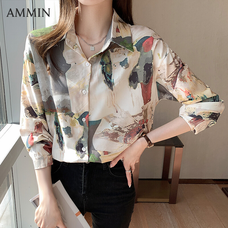 AMMIN Long Sleeve Printed Shirt For Women Retro Printed Abstract Fashion All-match Top Lady Blouse