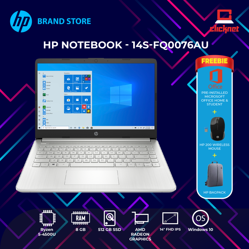 HP Laptop 14s-fq0075AU ( Ryzen3-4300U,14 HD LED, 4GB RAM, 512GB SSD, AMD Radeon, W10, H&S ) Malaysia