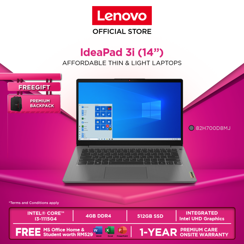 Lenovo IdeaPad 3 14ITL6 82H700D7MJ | 82H700D8MJ | 82H700D9MJ14|i3-1115G4|4GB|512GBSSD|W10H|OFF H&S|1YRPREM|BACKPACK Malaysia