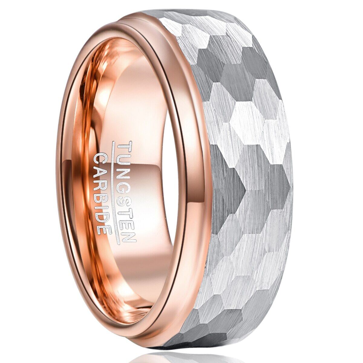 AVECON 8mm Tungsten Carbide Ring Side Step Rose Gold Plating Surface Hammered Tungsten Steel Ring