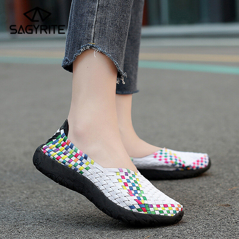 SAGYRITE Loafers for Women Sneakers Weaving Shoes Black Dancing Shoes for Women Flats Shoes Hand Woven Shoes Women Summer Sandals