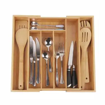 Bamboo Flatware Cutlery Utensil Expandable Drawer Organizer