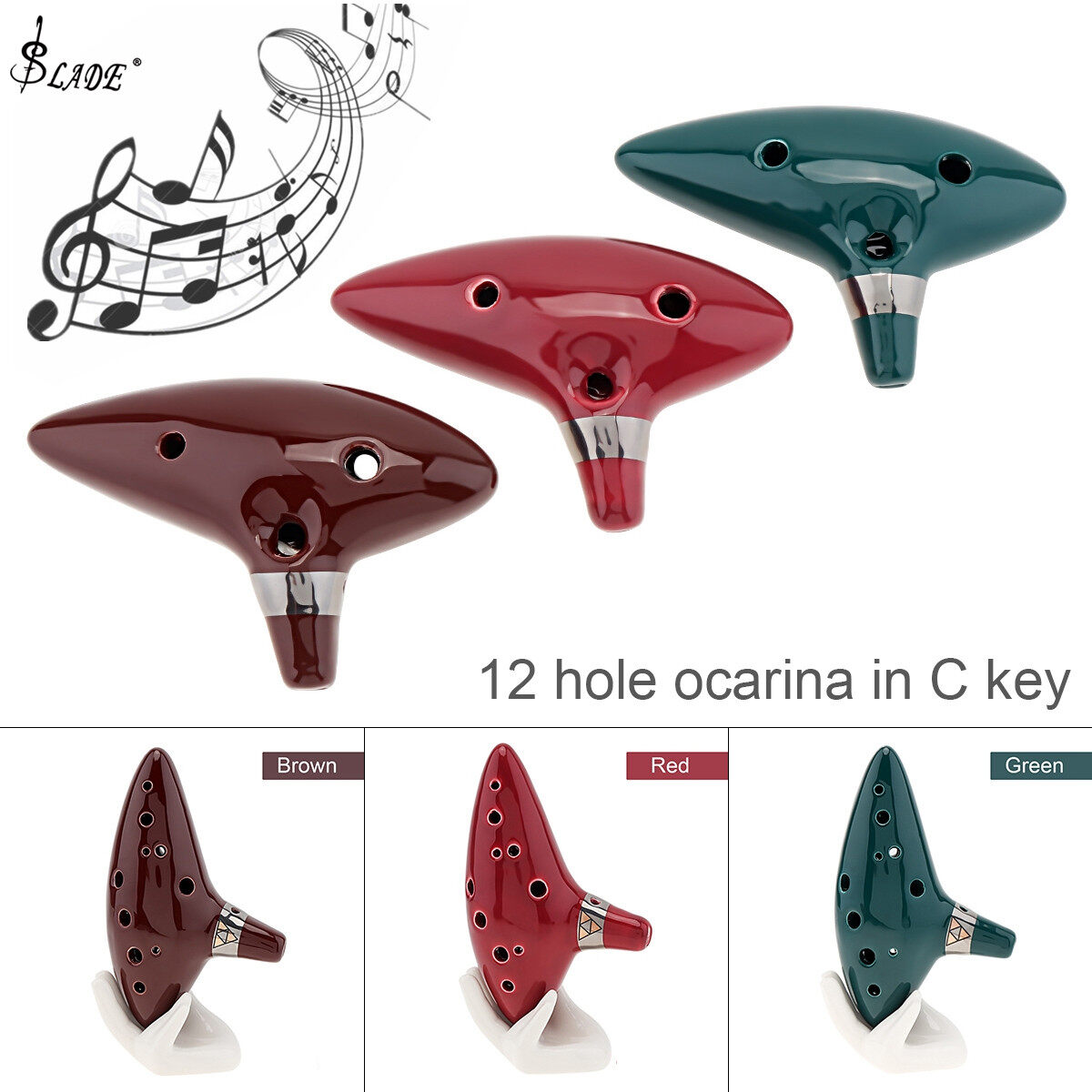 SLADE Nhạc Cụ Sáo ToneC 12 Lỗ Ocarina Bằng Gốm Alto Mid Tone, Đỏ, Màu Xanh Lá Cây Nâu