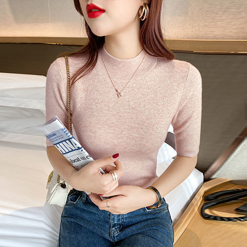 Women's Knitted Sweater Middle Sleeve Bottoming Sweater Solid Color Half Turtleneck Sweater