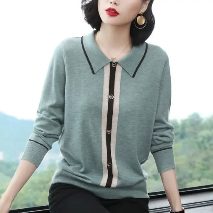 Lapel Sweater Butang Baru Jahitan Baju Kemeja Wanita Lengan Panjang Lazada Singapore