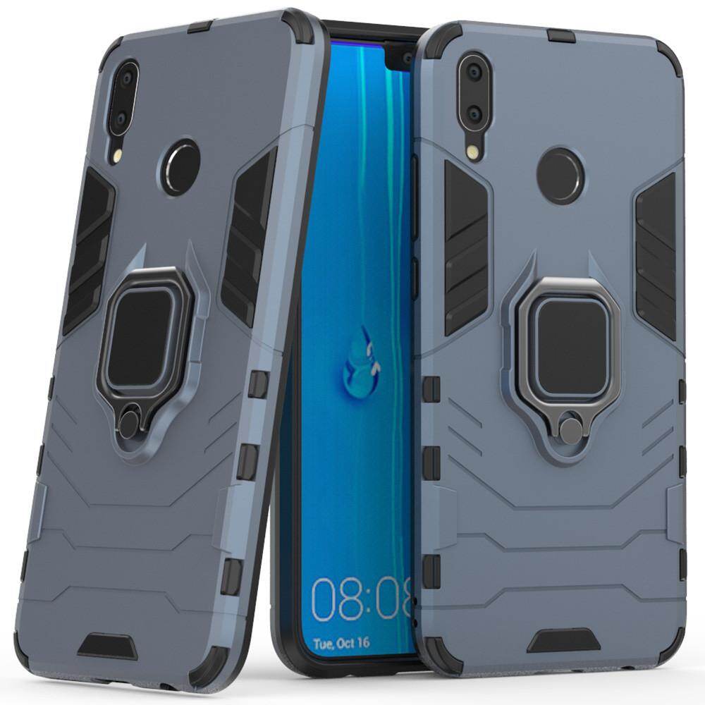 For Huawei Y9 2019 Phone Case, Silicone TPU and Hard PC Luxury Armor Shockproof Metal Ring Holder Casing