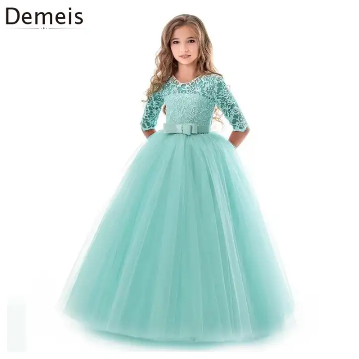 Demeis Dress Girls Kids Princess Maxi Dresses Short Sleeve Lace