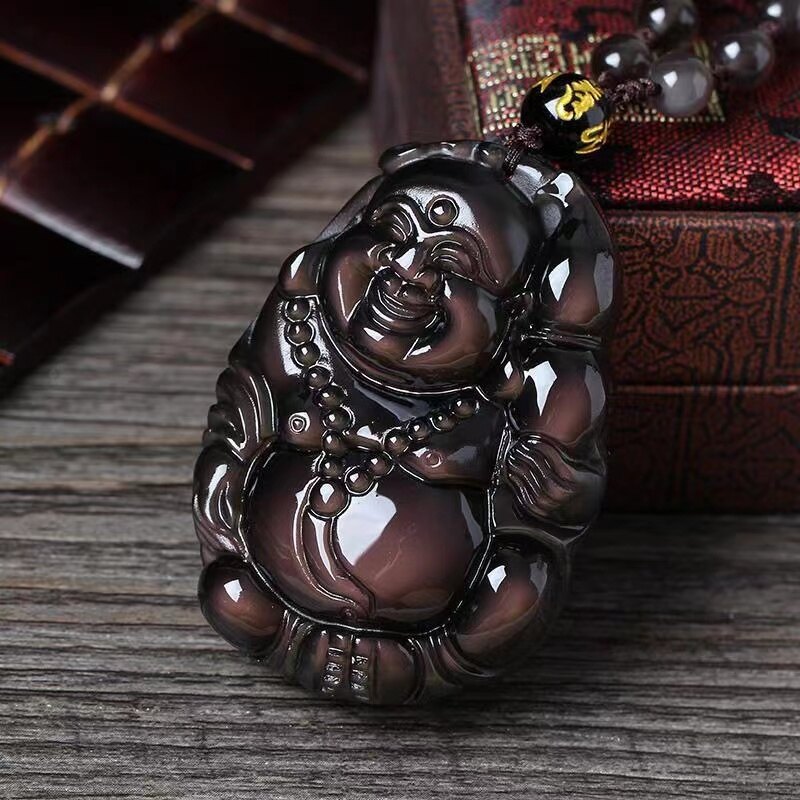 Natural Ice Rainbow Eye Obsidian Laughing Buddha Wrapped Buddha Pendant Fortune Station Buddha Transfer Necklace for Men and Women