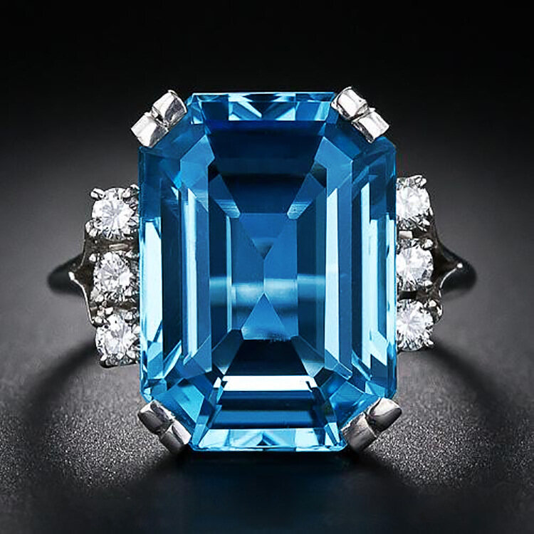 JWEGHL Women Fashion Luxury Big Square Blue Crystal Rings Plated 925 Silver Shiny Cubic Zircon Wedding Band Ring For Female Bride