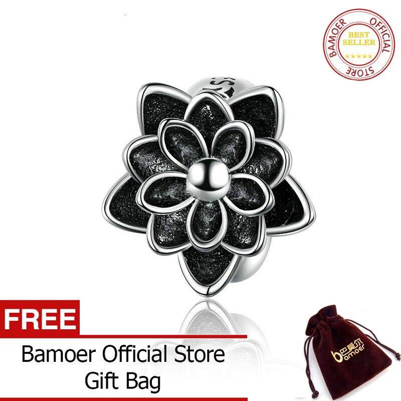 BAMOER 925 Sterling Silver Black Flower Lotus Charm compatible for Original Snake Bracelet Bangle Jewelry Making SCC1196