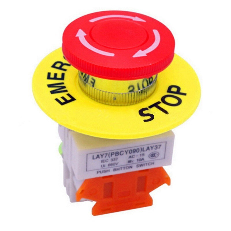 1pcs Emergency Stop Push Button Switch Red Mushroom Cap 1NO 1NC DPST AC 660V 10A Push Button Switch with Yellow Warning Ring