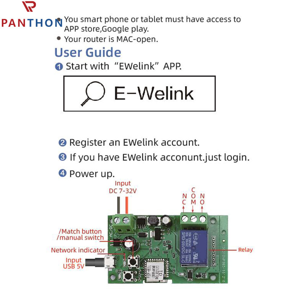 PANTHON EWelink Smart WiFi Relay Module DC 5V 12V 24V Switch Relay Timer Wireless Remote Control Inching/Self-locking for Google Home