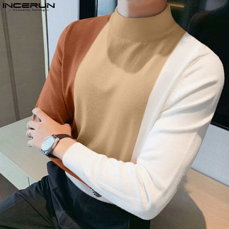 INCERUN Mens Warm Long Sleeve Mock Neck Patchwork Shirts Casual Pullover Tops Blouse (Korean Style)