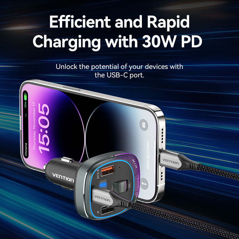 Vention Bluetooth 5.0 Car Charger 48W Fast Charging 3 Port QC 3.0 USB with LED Digital Display for SAMSUNG iPhone Huawei Xiaomi Cellphone MacBook PD 30W 12V to 24V Car Adapter Car Charger Socket Outlet
