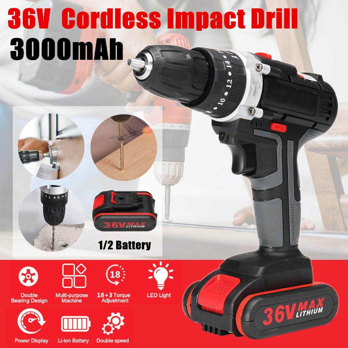 36V Electric Cordless Impact Drill 28Nm Torque 3000mAh Li-ion Chuck 10mm 2 Speed
