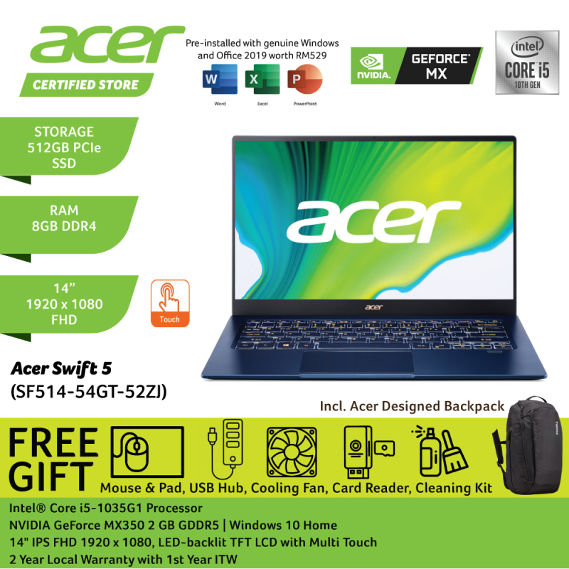 Acer Swift 5 SF514-54GT-52ZJ 14 FHD Touch Laptop Charcoal Blue ( i5-1035G1, 8GB, 512GB SSD, MX350 2GB, W10, HS ) Malaysia