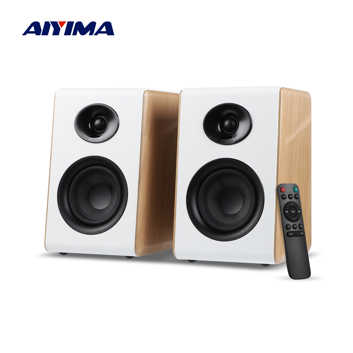 AIYIMA S600 Bluetooth Bookshelf Speaker Inch 50WX2 Active Audio Power  HiFi Home Support 24bit 48Khz ARC/USB/RCA Input Output Subwoofer White Wood