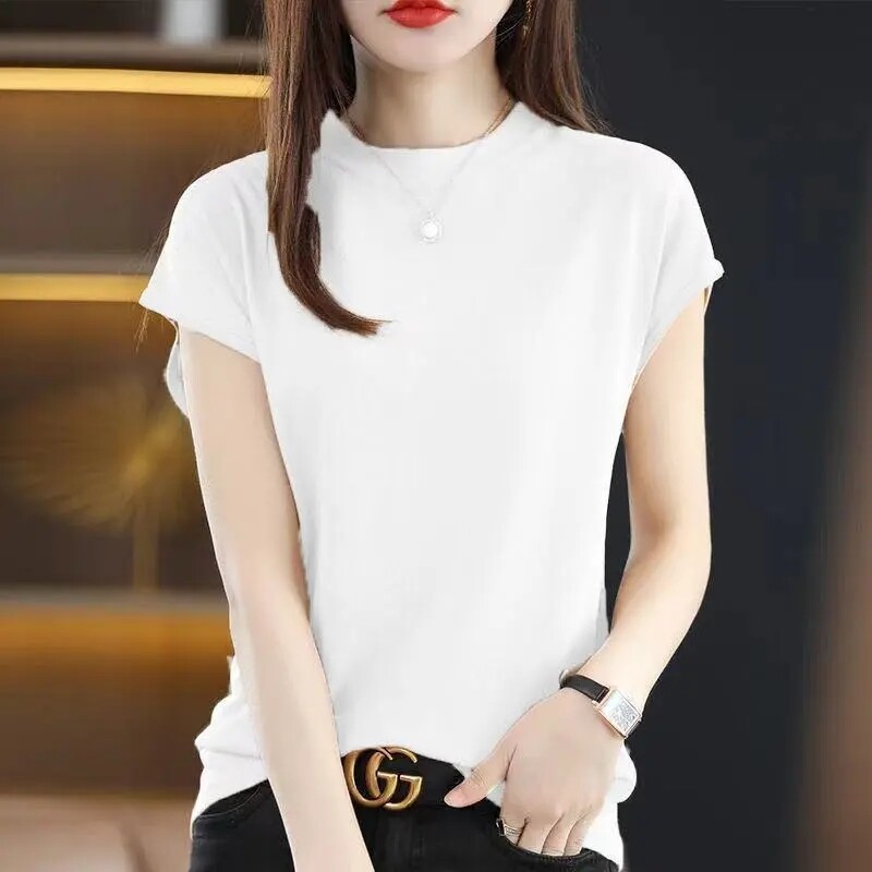 CARINE Women's T-shirt Round Neck Loose Short-sleeved Knitted Thin Top