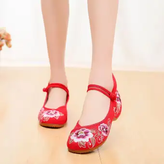 Veowalk Vintage Flower Embroidery Women Canvas Ballet Flats