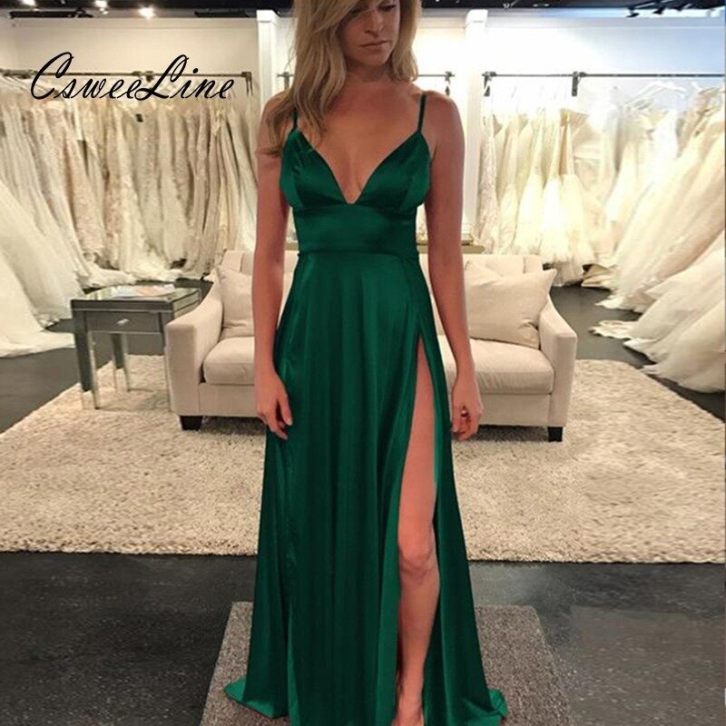 Classic V-neck Slit Satin Dress 