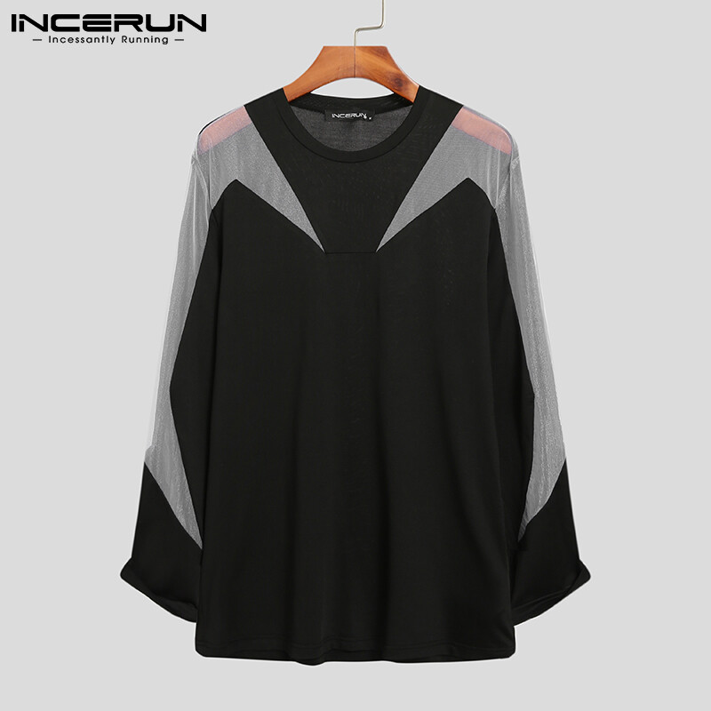 (Western Mesh Style) INCERUN Mens Long Sleeve See Through Mesh Stitching T Shirts Casual Party Blouse Top Tee