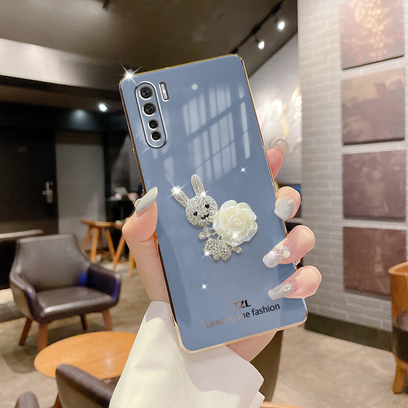 Ốp Cho OPPO A91 Reno 3, Ốp Điện Thoại Mềm Mạ Cạnh Thẳng Hoa Hình Thỏ Giả Kim Cương Giả 3D Siêu Mỏng Ốp Lưng Silicon Siêu Mỏng Bảo Vệ Chống Sốc