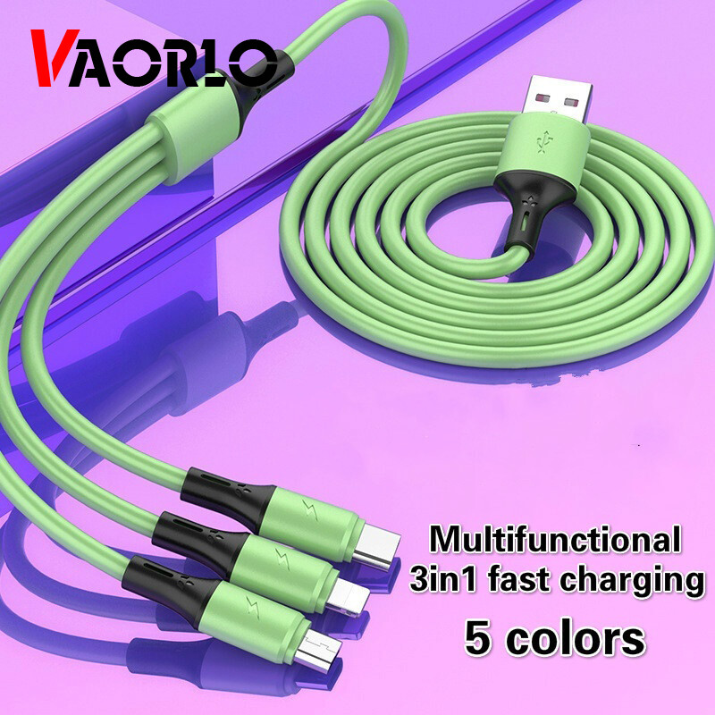 VAORLO 3 IN 1 Fast Charging Cable Liquid Silicone Material Multi-function Charger Cable USB-C Micro Type-C Lightning For Android IOS iPhone Samsung Huawei Oppo Vivo Xiaomi Fast Charging Cable