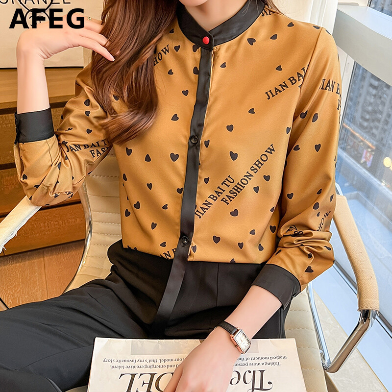 AFEG New Korean Style Fashion Loose Versatile Silk Satin Heart Print Long Sleeve Blouse for women